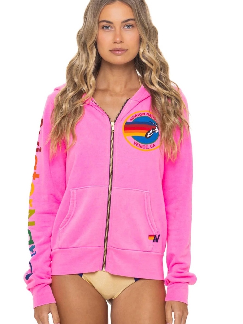 Aviator Nation Pink Zip-Up Hoodie with Rainbow Patch
